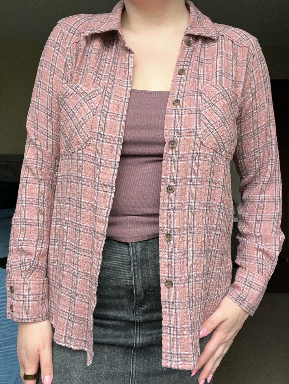 Pink Plaid Button-Up Shirt